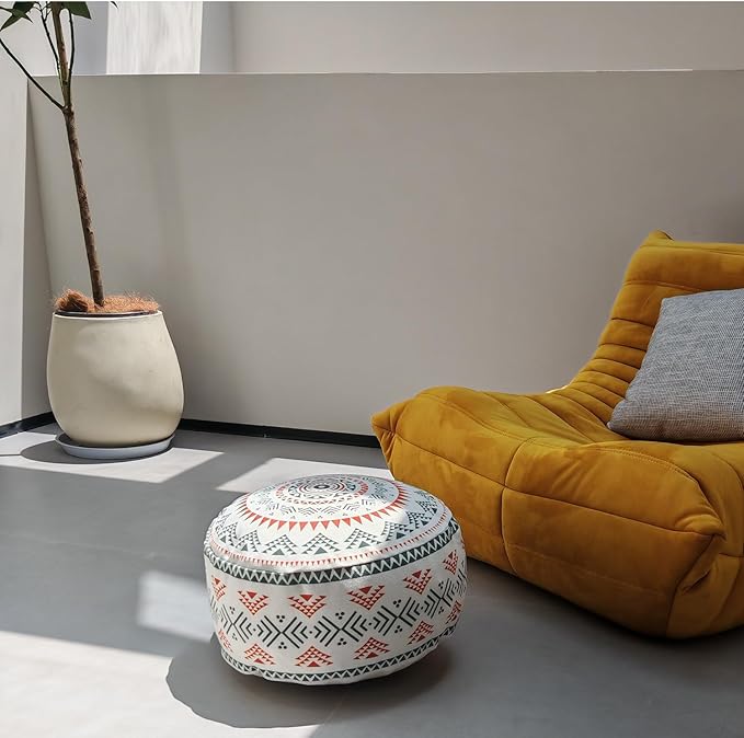 MOCOFO Unstuffed Round Pouf Cover - Boho Geometric Ottoman Footstool Cover with Handle, Tribal Fabric Floor Cushion Storage Bag for Living Room, Bedroom, Nursery (Sage Green/Terracotta)