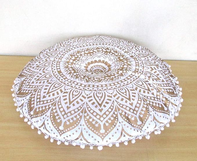 32" Gold Mandala Barmeri Large Floor Pillow Cover Cushion Meditation Seating Ottoman Throw Cover Hippie Decorative Zipped Bohemian Pouf Ottoman Poufs, Pom Pom Pillow Cases (White Gold, 32" Round)