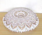 32" Gold Mandala Barmeri Large Floor Pillow Cover Cushion Meditation Seating Ottoman Throw Cover Hippie Decorative Zipped Bohemian Pouf Ottoman Poufs, Pom Pom Pillow Cases (White Gold, 32" Round)