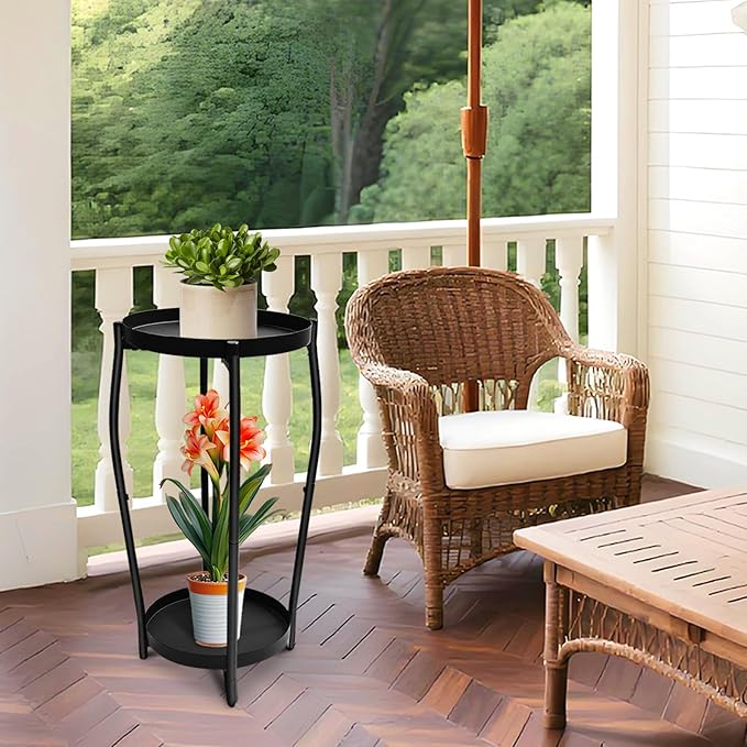 Plant Stand Indoor, 2 Tier Tall Wood Plant Stand, 4-Leg Floor Corner Plant Stands, Heavy Duty Plant Shelf Plant Rack Flower Stands For Home Decor (B - Black)