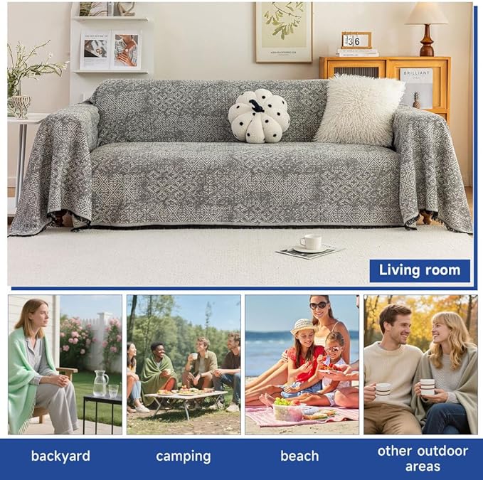 ROOMLIFE Couch Cover Black Boho Sofa Covers for 3 Cushion Couch Washable, Furniture Protector Sofa Couch Cover for Dogs, Soft Breathable Sofa Slipcover, Couch Throw Blankets with Tassels 71''X134''