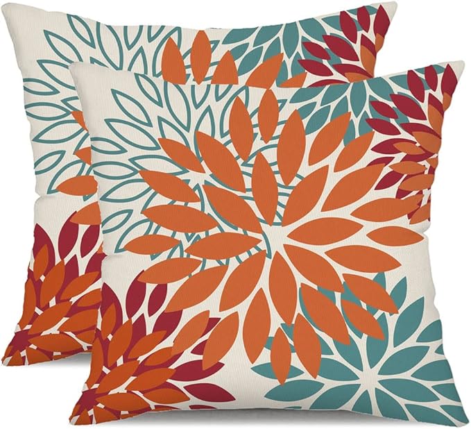 DFXSZ Orange Teal Red Flower Pillow Covers 20x20 Inch Set of 2 Fall Throw Pillows Outdoor Waterproof Decor for Living Room Sofa Patio Funiture Garden Floral Polyester Pillow Covers 002Y20