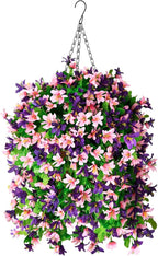 INQCMY Artificial Hanging Flowers in Basket for Outdoor Spring Summer Decoration,4pcs Faux Silk Violet in Planter UV Resistant for Outside Home Patio Garden Porch Deck Decor(Pink Purple)