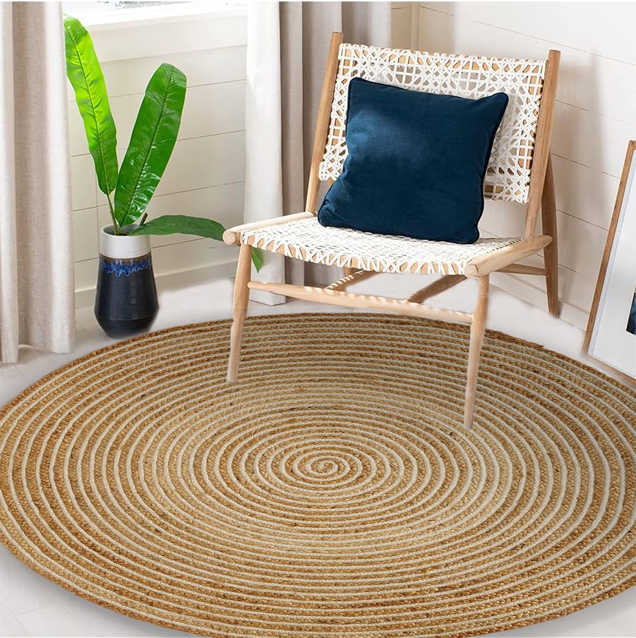 GRUHUM Handwoven 9ft Jute Area Rug Natural Fiber Cotton Round Boho Farmhouse Rustic Vintage Soft Braided Reversible Eco Friendly Rugs- Indoor Outdoor Kitchen Bedroom Living Room Hallways (9'ft Round) - color: Natural- 13, size: 9' (Round)