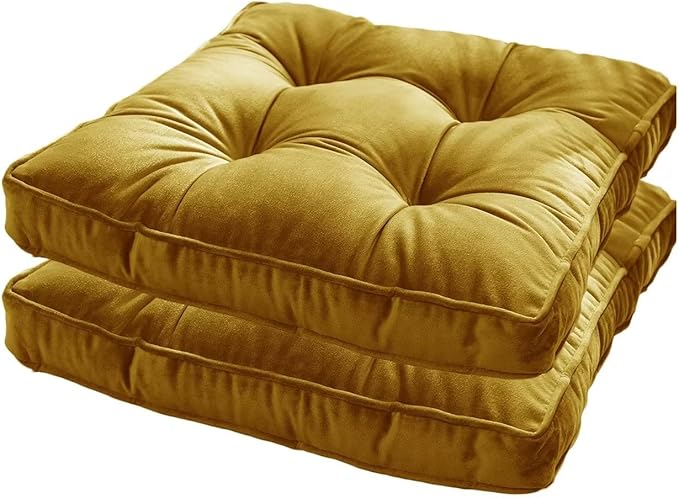 2 Pack Velvet Seat Cushions for Dining Chair Square Home Office Chair Pads Soft Floor Pillows Tatami Yoga Meditation Pads, Gold, 15.7x15.7x2.4