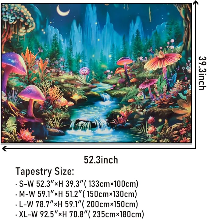 Heopapin Blacklight Tapestry UV Reactive Mushroom Flower Tapestries Fantasy Moonlight Mountain Forest Landscape Tapestry Mysterious Jungle Neon Plants Wall Hanging for Room L78×W59