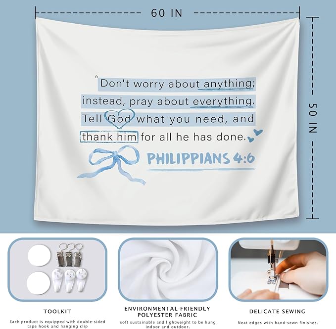 LIANGW Blue Bible Verses Christian Tapestry, Based Blue Room Decor Aesthetic, Inspirational Christian Tapestry for Women, Bible Bow Aesthetic for Girls Bedroom for Dorm Room 50x60 Inch