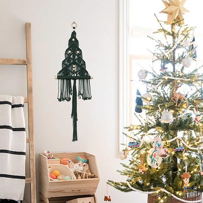 HVEST Green Macrame Christmas Tree Wall Hanging, Dark Green Ornaments for Xmas Tree Handmade Woven Tapestry for Bedroom Boho Christmas Gifts Macrame Wall Art for Living Room Decorations, 32L X 11W