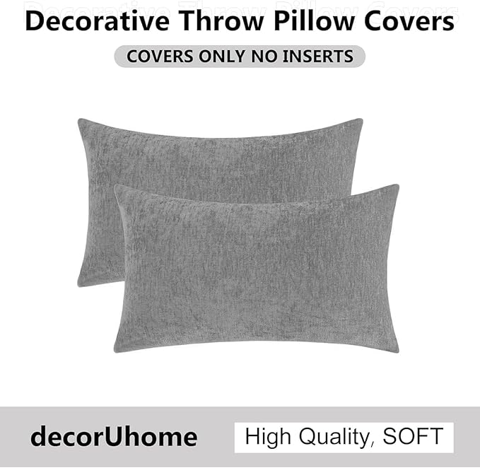 decorUhome Chenille Dark Grey Throw Pillow Covers 12x20 Inch Set of 2, Decorative Soft Couch Pillow Covers Solid Dyed Accent Velvet Farmhouse Neutral Rectangle Pillow Cases for Sofa Bed Living Room