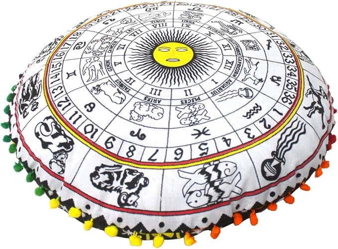 CRAFT KALA 22" Bohemian Floor Pillow Pouf Cover Mandala Boho Large Round Meditation Room Pillow Covers for Adults Seating Poufs Cushion Cover for Kids Playroom Yellow and White Zodiac