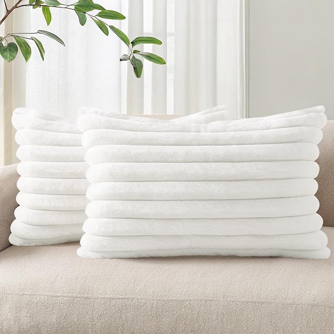 Pallene Faux Fur Plush Lumbar Throw Pillow Covers 12x20 Set of 2, Luxury Soft Fluffy Striped Decorative Pillow Covers for Sofa, Couch, Living Room, White