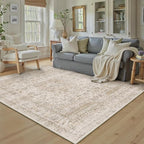 6x9 Washable Beige Area Rug Vintage Living Room Bedroom Carpet Non-Slip Soft Low Pile Distressed Indoor Throw Rug for Dining Room Entryway Office