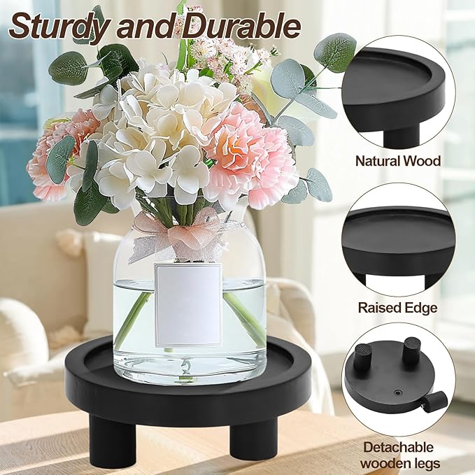 3 Pcs Wood Plant Stand Indoor Outdoor, Wooden Stool Display Stand 5/6/8" Round Riser Flower Pot Holder with Raised Edge Small Planter Tray Modern Potter Decorative for Garden Desktop Home Table Counter Room (Black)