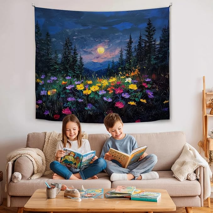 Moon and Wildflower Forest Wall Tapestry,Dark Moody Night Landscape Wall Tapestry, Oil Painting Style Soft Flannel Banner Decor for Bedroom,Dorm Living Room, Aesthetic Home Artwork 59x51 inch(Blue-Moon and Flower)