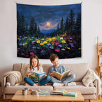 Moon and Wildflower Forest Wall Tapestry,Dark Moody Night Landscape Wall Tapestry, Oil Painting Style Soft Flannel Banner Decor for Bedroom,Dorm Living Room, Aesthetic Home Artwork 59x51 inch(Blue-Moon and Flower)