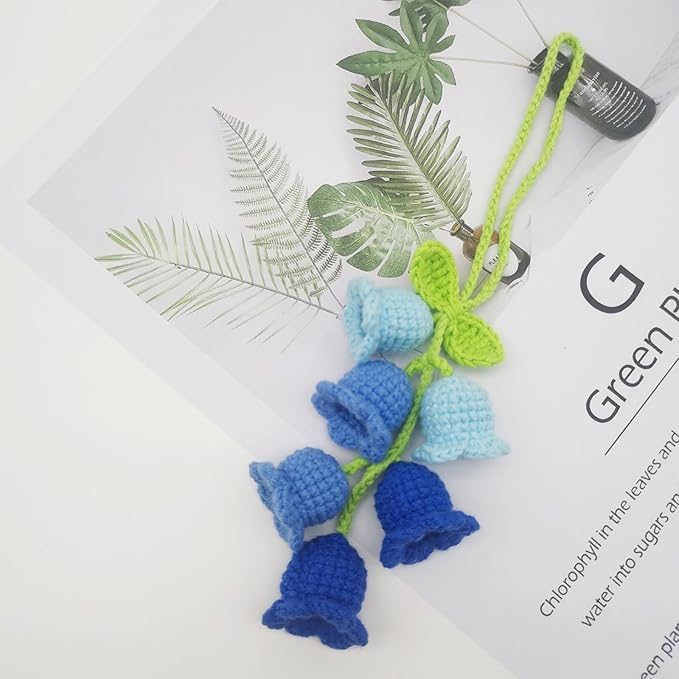 Car Rearview Mirror Hanging Ornament,Crochet Flower Basket Plant Car Accessories,Handmade Knitted Car Ornament Boho Car Accessories for Women (Lily of The Valley(Blue))