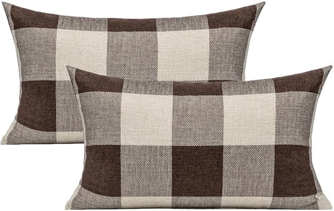 VAKADO 12x20 Inch Set of 2 Buffalo Plaids Decorative Throw Pillow Cases Farmhouse Retro Checkers Lumbar Rectangle Cushion Covers Home Decor for Sofa Couch, Brown/Coffee