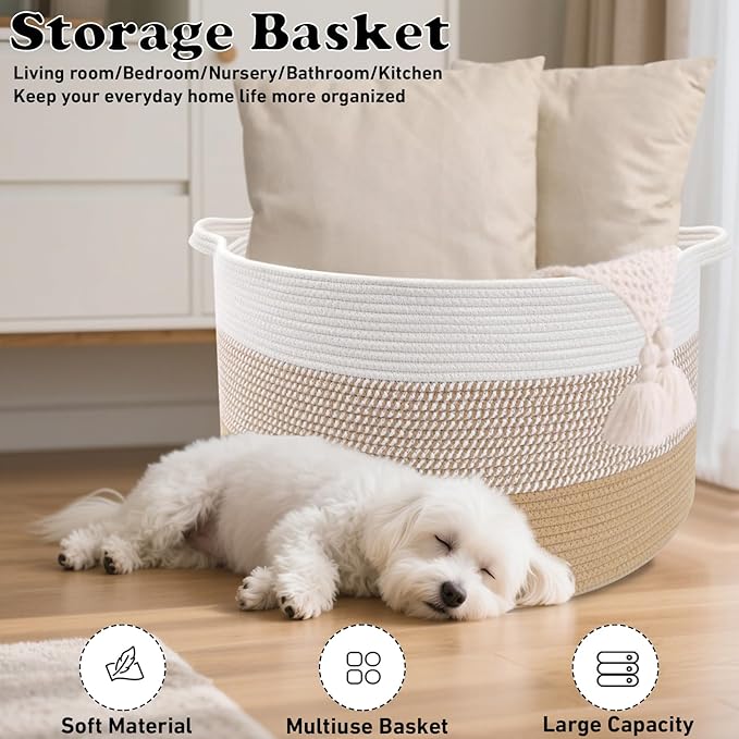 65L Large Blanket Basket,19.7" L x 19.7" W x 13" H Rope Woven Baskets with Handles, Toys Storage Bins,Laundry Basket Perfect for Living Room, Nursery,Bedroom,Home Organization,Yellow
