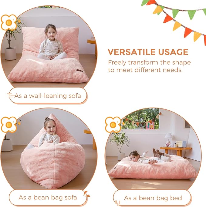MAXYOYO 3 in 1 Kids Bean Bag Chair Bed, Child Floor Sofa for Gaming, Reading, Faux Fur Floor Mattress with High-Density Foam Filling for Living Room Bedroom