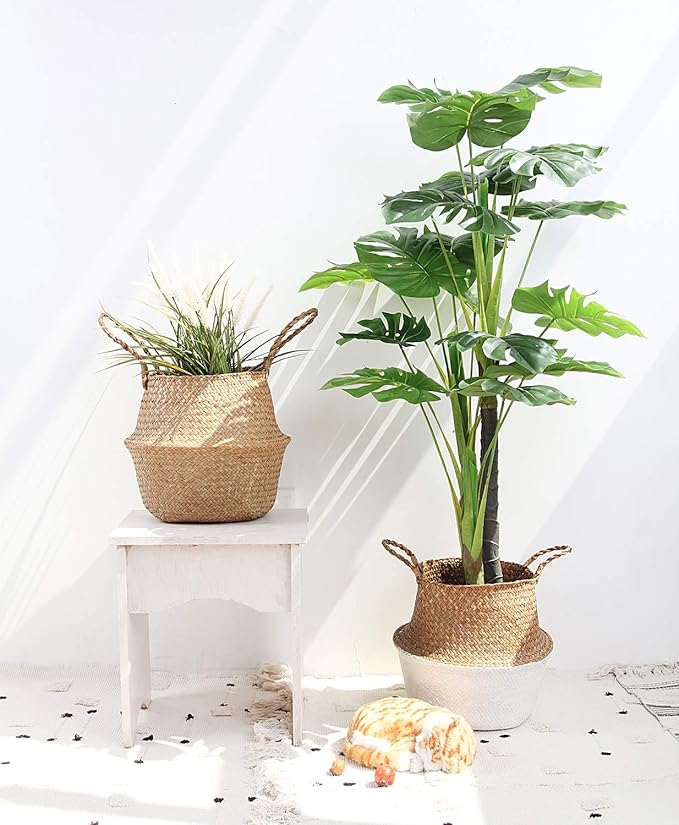 Woven Seagrass Belly Basket for Storage, Plant Pot, Laundry, Picnic and Grocery Basket with Handle (Large, Original)