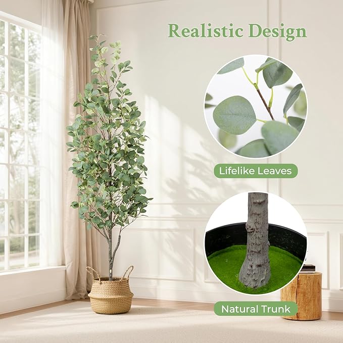 6FT Artificial Eucalyptus Tree with Wicker Basket & Black Pot, Indoor Green Faux Eucalyptus Trees, Fake Eucalyptus Plants with Lifelike Leaves & Natural Trunk for Home Office Bedroom, 1 Pack