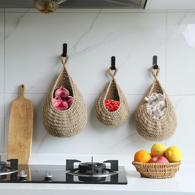 Hanging Fruit Large Basket Set of 3, Boho Wall Hanging Storage Basket for Organizing, Handmade Teardrop Hammock Holder for Fruit Vegetable in Home & Restaurant Kitchen with Hooks, Linen