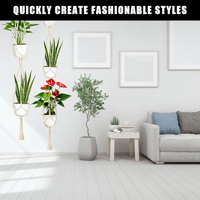 6Pcs White Macrame Plant Hanger Set Different Tiers Hanging Plant Holders Indoor Plant Hangers from Ceiling Hanging Planter Basket Cotton Rope with S Hooks and Hook Nails Boho Home Decor