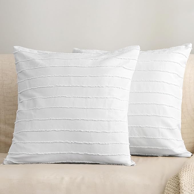 JELLYMONI 2 Pack White Pillowcases 18" x18", Soft Microfiber Striped Tufted Pillow Covers(Pillows are not Included)