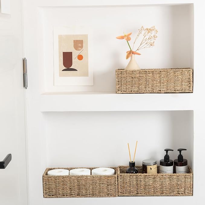 Small Wicker Baskets 2 Pack, Hand Woven Toilet Basket Tank Topper, Toilet Tank Basket for Bathroom Organizing, Seagrass Storage Baskets for Toilet Paper (14.4"Lx6.1"Wx4.4"H)