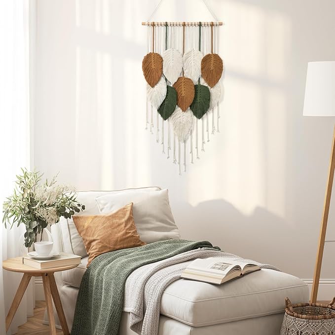 KHOYIME Macrame Wall Hanging Leaves Woven Tapestry, Boho Chic Home Decor Modern Bohemian Handmade Leaf Feather Wall Art Decorations for Apartment Dorm Living Room Bedroom Nursery Backdrop 16.5"x29.5"