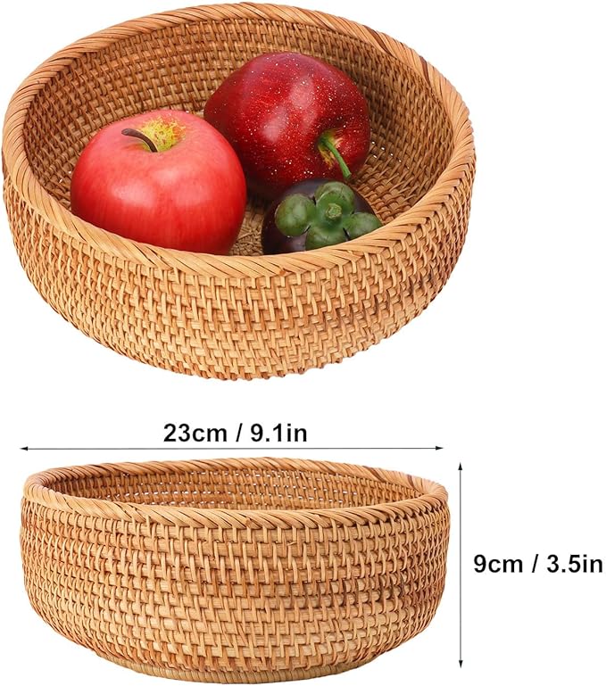 2 PCS Handmade Round Rattan Bread Baskets - 9.06 x 3.54 Inch Round Wicker Bread & Fruit Serving Basket, Natural Woven Storage Basket Bowls for Home & Kitchen
