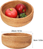 2 PCS Handmade Round Rattan Bread Baskets - 9.06 x 3.54 Inch Round Wicker Bread & Fruit Serving Basket, Natural Woven Storage Basket Bowls for Home & Kitchen