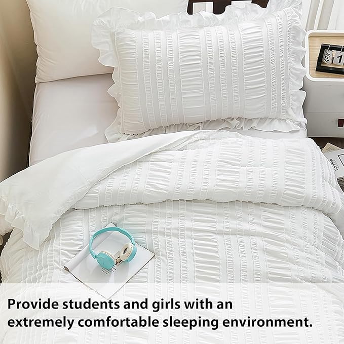 WONGS BEDDING White Comforter Set Twin, 3 Pieces Ruffle Shabby Chic Comforter for Dorm Room Essentials for Twin Bed, Soft Seersucker Bedding Set with 1 Ruffle Comforter, 2 Tufted Pillowcases 86"×68"