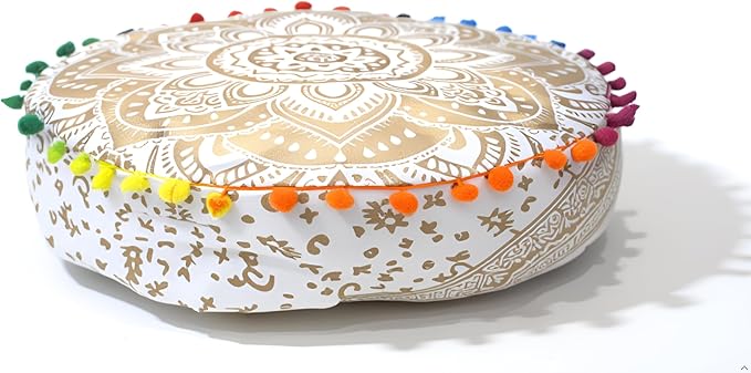 INDIAN CRAFT CASTLE ICC Mandala Barmeri Large Floor Pillow Cover Cushion Meditation Seating Ottoman Throw Cover Hippie Decorative Zipped Bohemian Pouf Ottoman Cases Golden, 24" Round