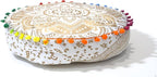 CRAFT KALA 16" Round Large Hippie Mandala Meditation Floor Ottoman Pillow Cushion Pouf Cover Square Poufs Bohemian Circle Floor Cushion Case Outdoor Fireplace Living Room Decor Cover White Gold Flower