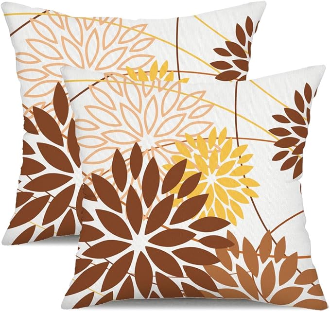 DFXSZ Rust and Brown Floral Pillow Covers 18x18 Set of 2 Outdoor Waterproof White Colored Decorative Summer Polyester Pillowcases Decor for Couch Patio Funiture Garden Porch 011K18
