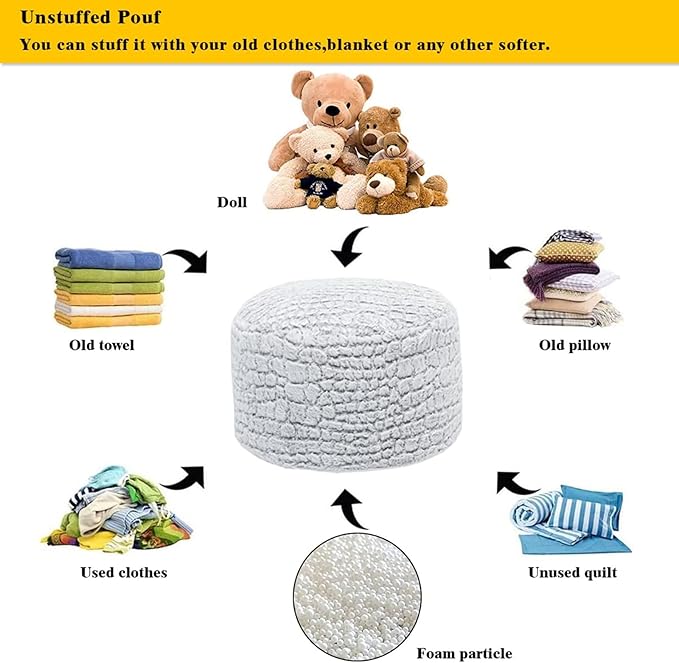 Asuprui Pouf Ottoman Unstuffed Floor Poof Seat Pouf Ottoman Foot Rest Soft Foot Stool 20x20x12 Inches Fuzzy Chair Floor Chair Foot Rest with Storage for Living Room Bedroom Snow Gray