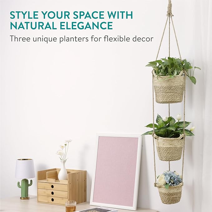 Navaris Seagrass Hanging Plant Pot Set - Decorative Indoor House Plant & Flower Pots with Jute Rope - Woven Basket Pattern for Home Storage - Small, Medium and Large Planters