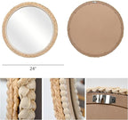FUIN 24" Rattan and Wood Round Mirror for Boho Bathroom, Entryway, Living Room Decor