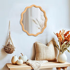FUIN 20" Round Rattan Wall Mirror, Scalloped Wavy Wicker Frame – Handwoven Natural Boho Decor for Bathroom Vanity, Nursery & Entryway – Distortion-Free Glass