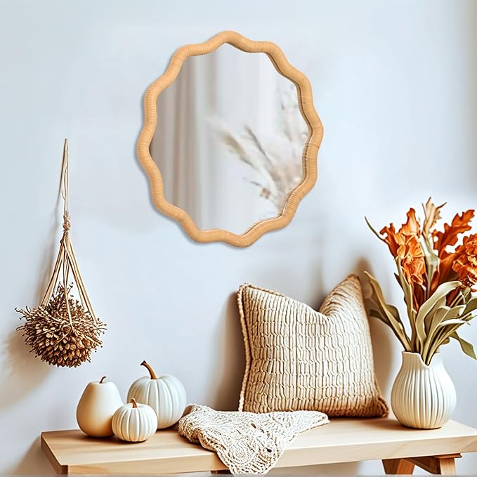 FUIN 20" Round Rattan Wall Mirror, Scalloped Wavy Wicker Frame – Handwoven Natural Boho Decor for Bathroom Vanity, Nursery & Entryway – Distortion-Free Glass