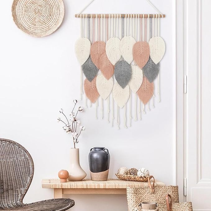 Alynsehom Macrame Wall Hanging, Boho Woven Tapestry, Chic Modern Bohemian Handmade Leaf Feather Wall Art Home Decor for Apartment Dorm Living Room Bedroom Nursery Backdrop(23.6" W X 29.5" L)