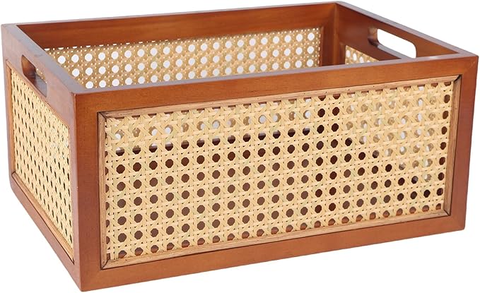 Wooden Storage Basket with Rattan Cane Webbing, Brown, Handles, Book, Office, Desktop Basket