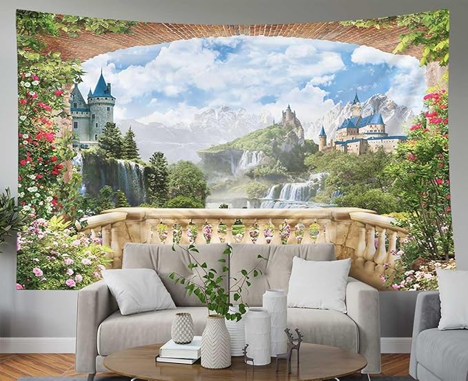 EMMTEEY Landscape Tapestry View from Balcony of Waterfalls with Castles for Women, Families 60X50 Inches