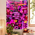 Pink Vintage Tapestry for Bedroom Blacklight Tapestry Wall Hanging UV Reactive Tapestries Glow in the Dark Black Light Posters Wall Art Collage Neon Poster Tapestries for Living Room Decor 90”x71”