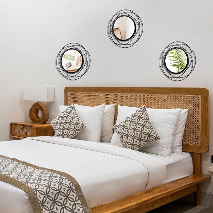 Cityelf 3 Set 13 Inch Black Circle Mirrors Wall Decor Iron Frame Wire Mirror Metal Circular Mirror Home Decor Hanging Mirrors for Room/Bedroom/Bathroom/Entryway