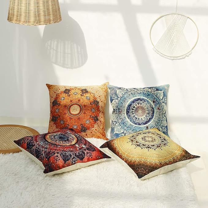 Jartinle Set of 4 Retro Floral Mandala Compass Medallion Bohemian Pillow Covers Boho Decor Hippie Throw Pillows Decorative for Sofa Couch 18 x 18