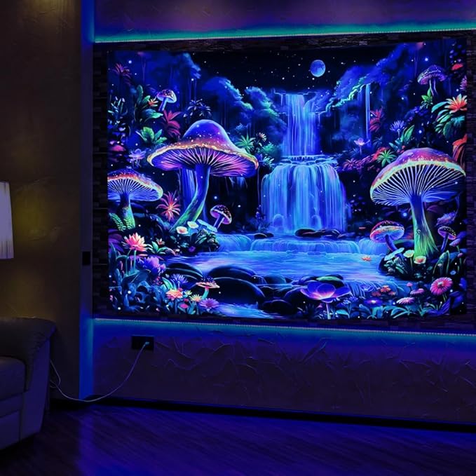 Dermijer Blacklight Tapestry Fantasy Mushroom Forest Tapestry UV Reactive Waterfall Tapestries Moon Night Neon Flower Landscape Wall Hanging for Home Decor L92.5×W70.8