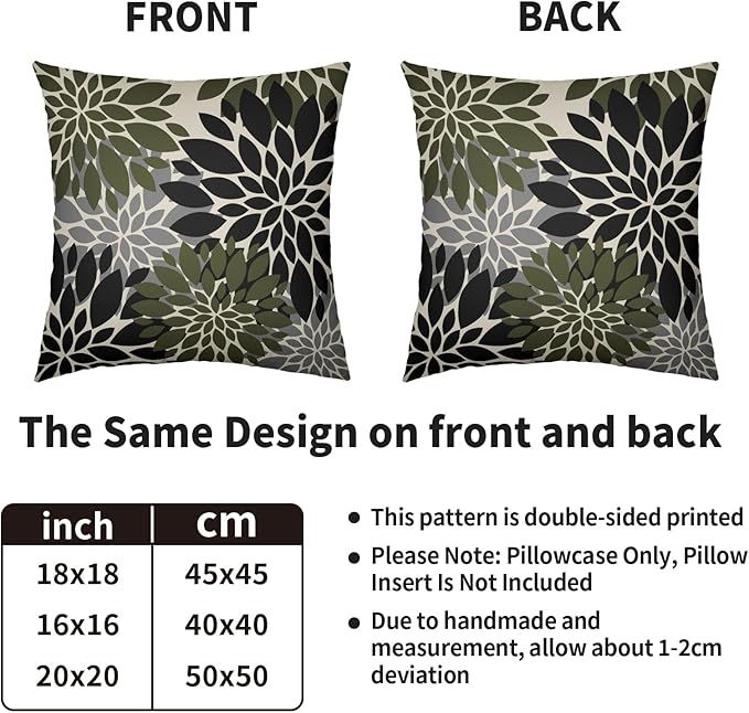 Black Olive Green Pillow Covers 22X22 Inch Set of 2, Spring Summer Floral Dahlia Flower Cream Decorative Throw Pillow Covers Outdoor Modern Farmhouse Cushion Case for Home Couch Sofa Bed Decor