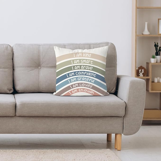 QIYUHOY Boho Rainbow Classroom Throw Pillow Covers, Book Center Calming Corner Playroom Decor Pillow Case, Reseda Pillow Cover, I Am Kind Smart Brave Confidence 24x24 Inch Pillowcase(reseda)